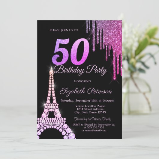 Invitation Parties scintillant, Tour Eiffel Noir 50e annivers (Debout devant)