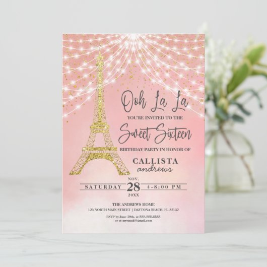 Invitation Parties scintillant Tour Eiffel Or Éclairage doux (Debout devant)