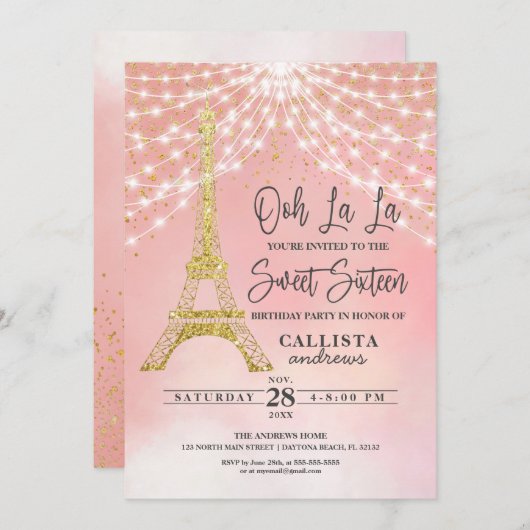 Invitation Parties scintillant Tour Eiffel Or Éclairage doux (Devant / Derrière)