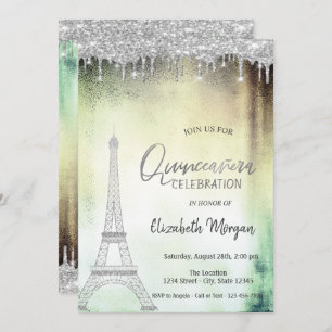 Invitation Parties scintillant, Tour Eiffel Quinceanera verte