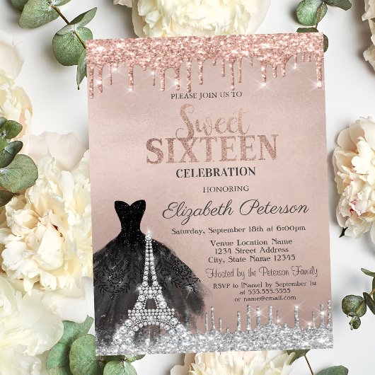 Invitation Parties scintillant Tour Eiffel Rose Or