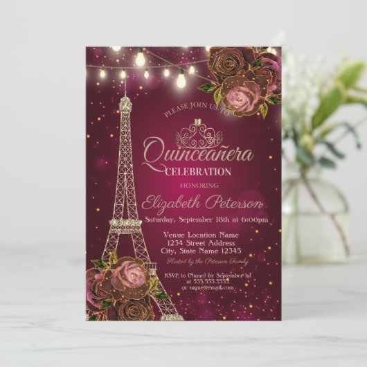 Invitation Parties scintillant Tour Eiffel, Tiara Roses Red Q (Debout devant)