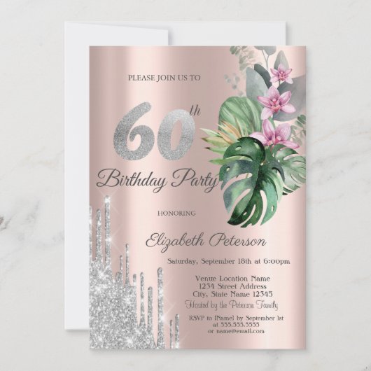 Invitation Parties scintillant Tropical Flowers Rose Gold 60e (Devant)