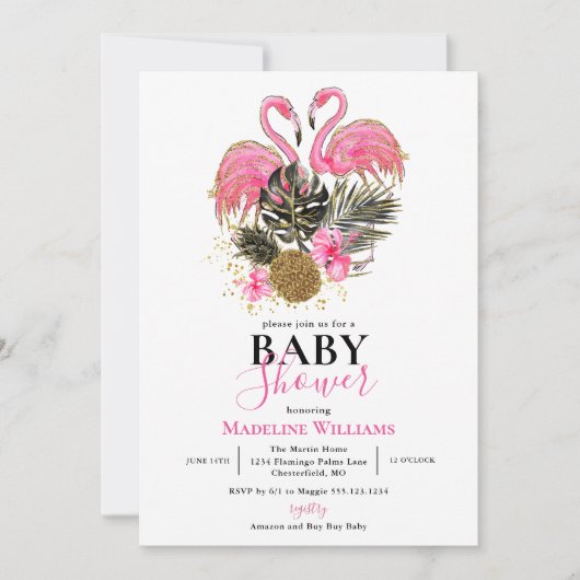 Invitation Parties scintillant tropicale Baby shower Flamant  (Devant)