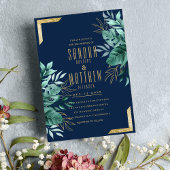 Invitation Parties scintillant tropicale bleu marine or  fleu