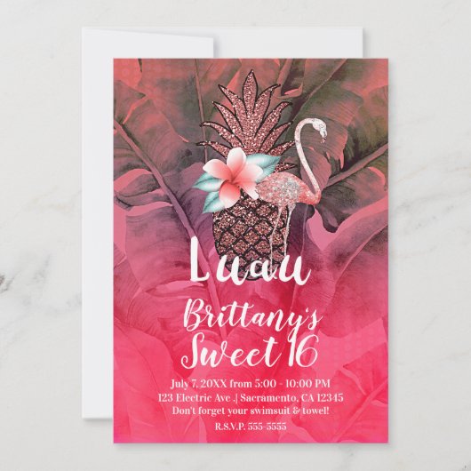 Invitation Parties scintillant tropicale rose ananas Luau Swe (Devant)