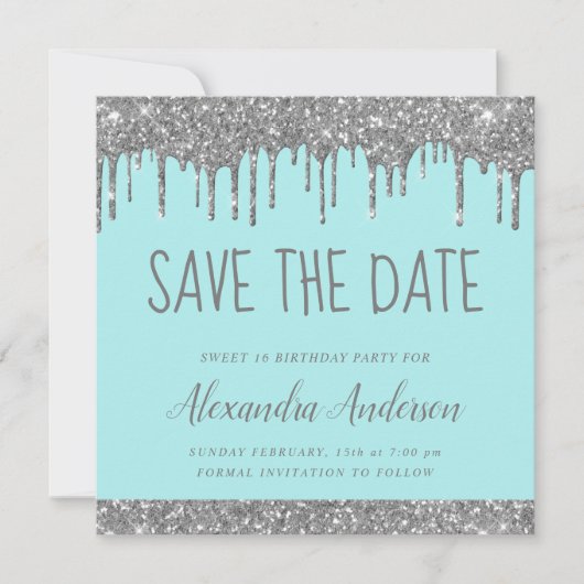 Invitation Parties scintillant Turquoise argent moderne Sweet (Devant)