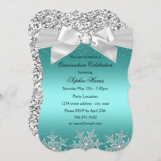 Invitation Parties scintillant turquoise Bijou Bow Flocon de  (Devant / Derrière)