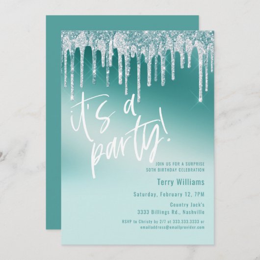 Invitation Parties scintillant Turquoise bleue Surprise 50e f (Devant / Derrière)