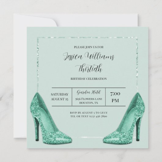 Invitation Parties scintillant turquoise Bokeh & Stilettos An (Dos)
