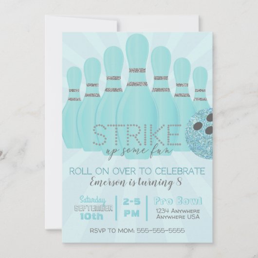 Invitation Parties scintillant Turquoise Bowling Birthday Par (Devant)