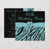 Invitation Parties scintillant Turquoise de coeur et de zèbre (Devant / Derrière)
