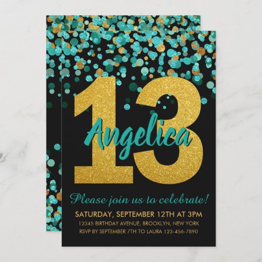 Invitation Parties scintillant turquoise d'or Confetti Noir 1 (Devant / Derrière)