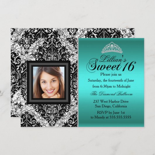 Invitation Parties scintillant turquoise en argent Damask Pho (Devant / Derrière)