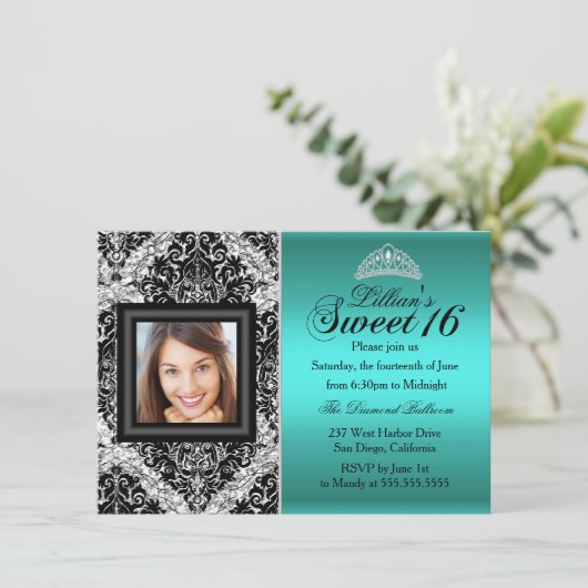 Invitation Parties scintillant turquoise en argent Damask Pho (Debout devant)