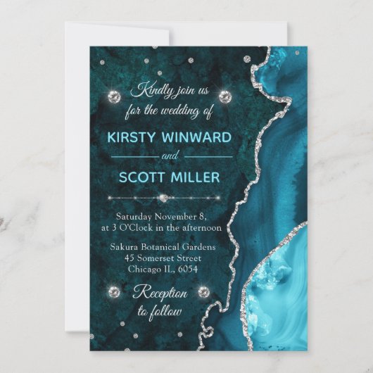 Invitation Parties scintillant turquoise et argent Agate et M (Devant)