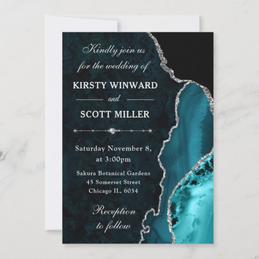 Invitation Parties scintillant turquoise et argent Agate et M (Devant)