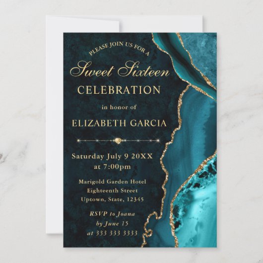 Invitation Parties scintillant turquoise et or Agate et marbr (Devant)