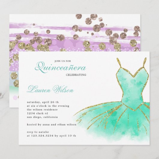 Invitation Parties scintillant Turquoise Gown Quinceanera Inv (Devant / Derrière)