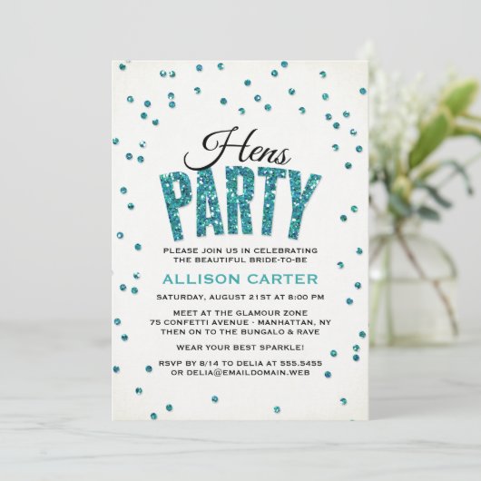 Invitation Parties scintillant turquoise Look Confetti Hens P (Debout devant)