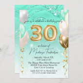 Invitation Parties scintillant turquoise Marbre & Ballons d'o (Devant / Derrière)