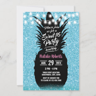 Invitation Parties scintillant Turquoise moderne ananas doux 
