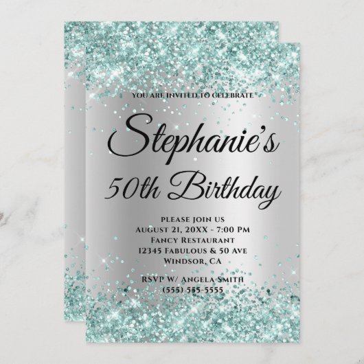 Invitation Parties scintillant turquoise Pale Silver Gradient (Devant / Derrière)