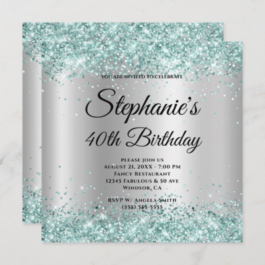 Invitation Parties scintillant turquoise Pale Silver Gradient (Devant / Derrière)