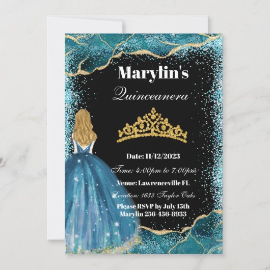 Invitation Parties scintillant Turquoise Princesse Quinceañer (Devant)