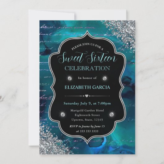 Invitation Parties scintillant Turquoise profonde lettres sir (Devant)