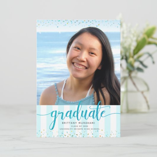 Invitation Parties scintillant turquoise script graduation ph (Debout devant)