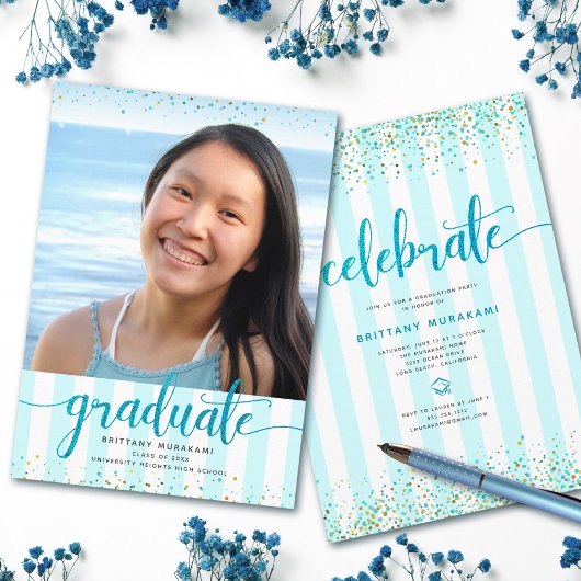 Invitation Parties scintillant turquoise script graduation ph