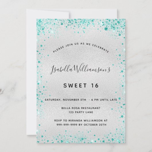 Invitation Parties scintillant turquoise Sweet 16 argent (Devant)