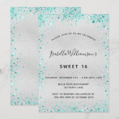 Invitation Parties scintillant turquoise Sweet 16 argent (Devant / Derrière)