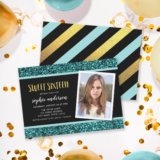 Invitation Parties scintillant turquoise Sweet 16 Photo Anniv