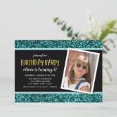 Invitation Parties scintillant turquoise Tout âge Photo Anniv (Debout devant)