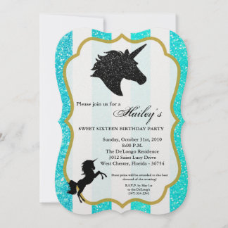 Invitation Parties scintillant Turquoise Unicorn Sweet 16 Ann