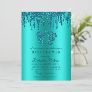 Invitation Parties scintillant Turquoise vert bébé pieds Bab