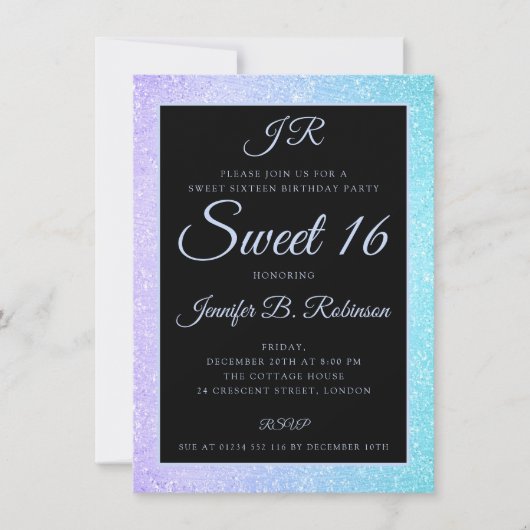 Invitation Parties scintillant turquoise violet sucré 16 Anni (Devant)