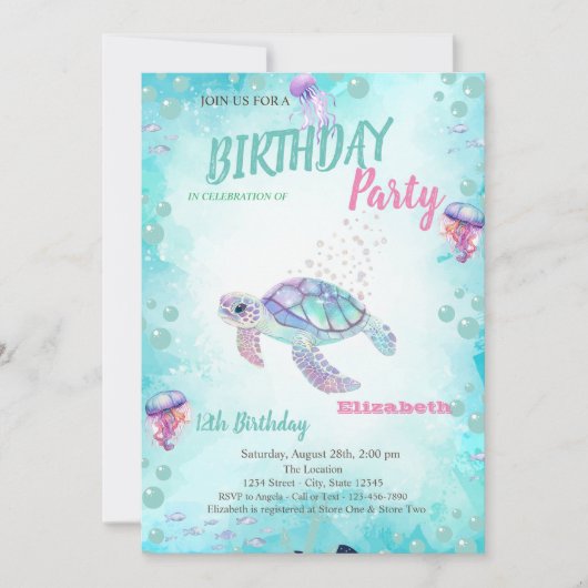 Invitation Parties scintillant Turtle Sea Summer Anniversaire (Devant)