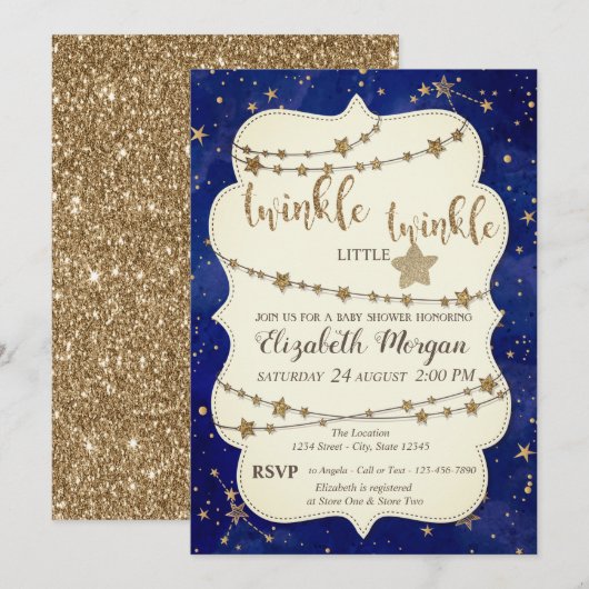 Invitation Parties scintillant Twinkle Little Star Gold Baby  (Devant / Derrière)