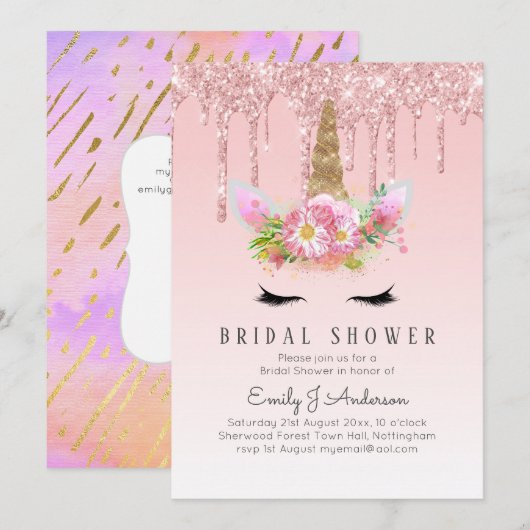 Invitation Parties scintillant Unicorn FÊTE DES MARIÉES rose  (Devant / Derrière)