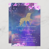 Invitation Parties scintillant Unicorn Floral Baby shower d'a (Devant / Derrière)