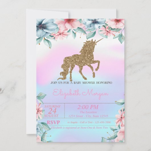 Invitation Parties scintillant Unicorn Holographique Baby sho (Devant)