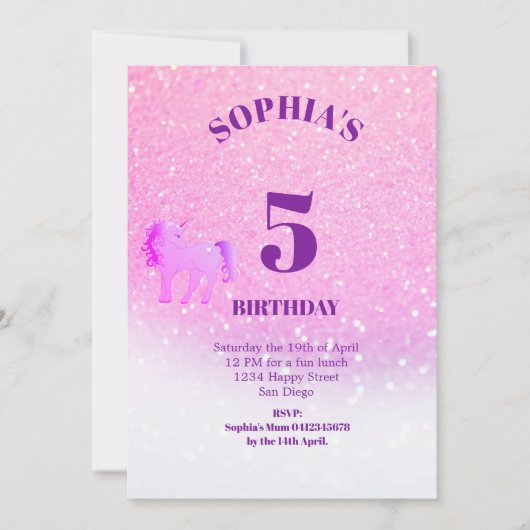 Invitation Parties scintillant Unicorn Magique violet mignon (Devant)