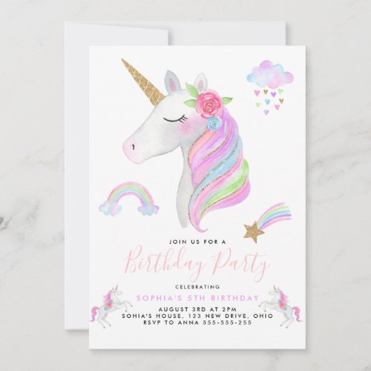 Invitation Parties scintillant Unicorn Rainbow Pastel Birthda (Devant)
