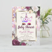 Invitation Parties scintillant Unicorne, Baby shower Floral B (Debout devant)