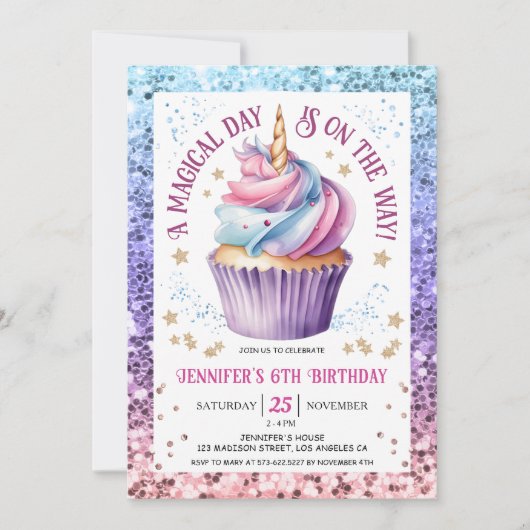 Invitation Parties scintillant Unicorne Rainbow Cupcake | 6e (Devant)