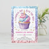 Invitation Parties scintillant Unicorne Rainbow Cupcake | 8e (Debout devant)