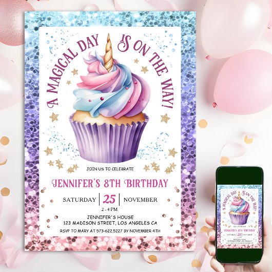 Invitation Parties scintillant Unicorne Rainbow Cupcake | 8e